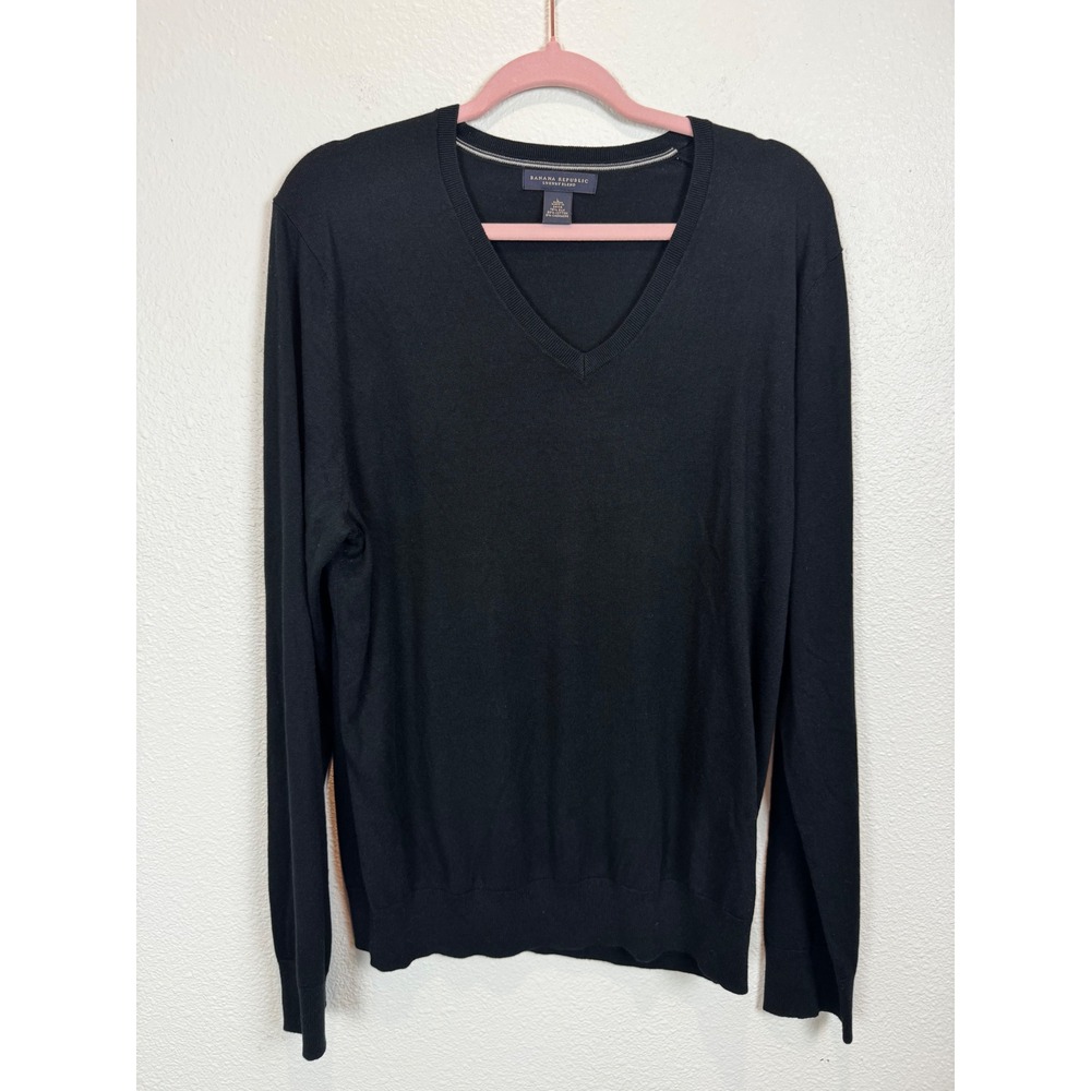 Banana Republic Sweater Mens Large Black Luxury Blend Silk Cashmere V-Neck Knit